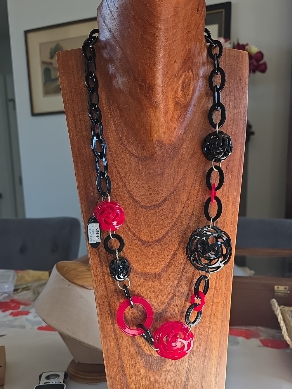 Black and Red Floral Acrylic Link Statement Necklace Made In Italy